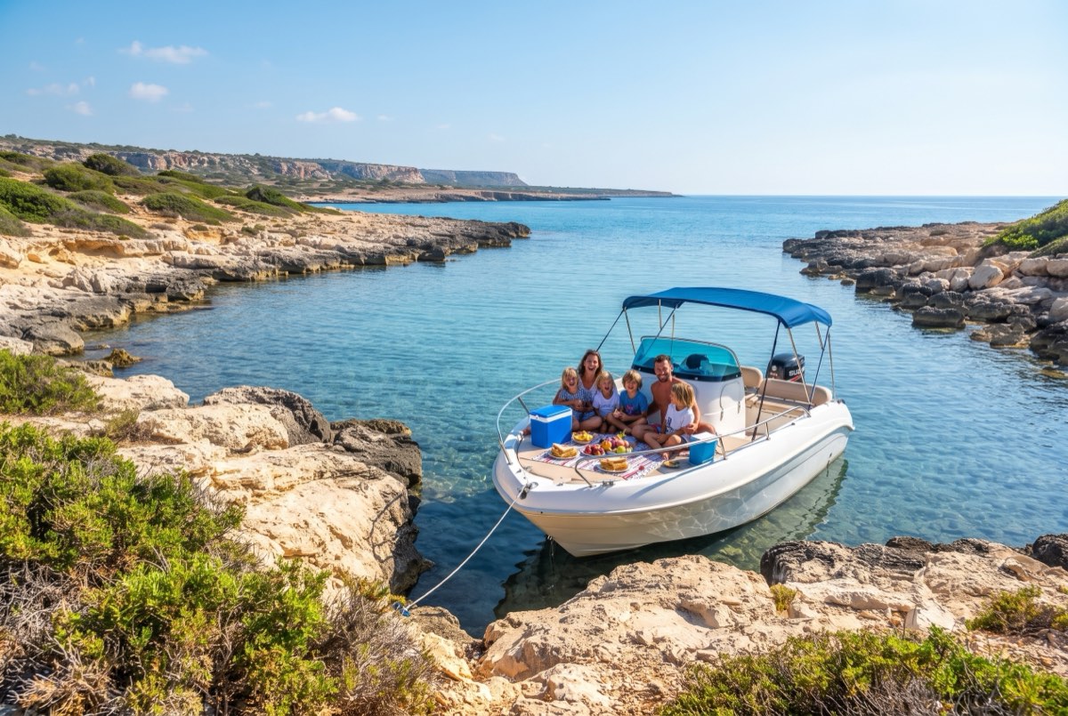 Speedboat at anchor in the sheltered cove of Fontana Amorosa on the Akamas