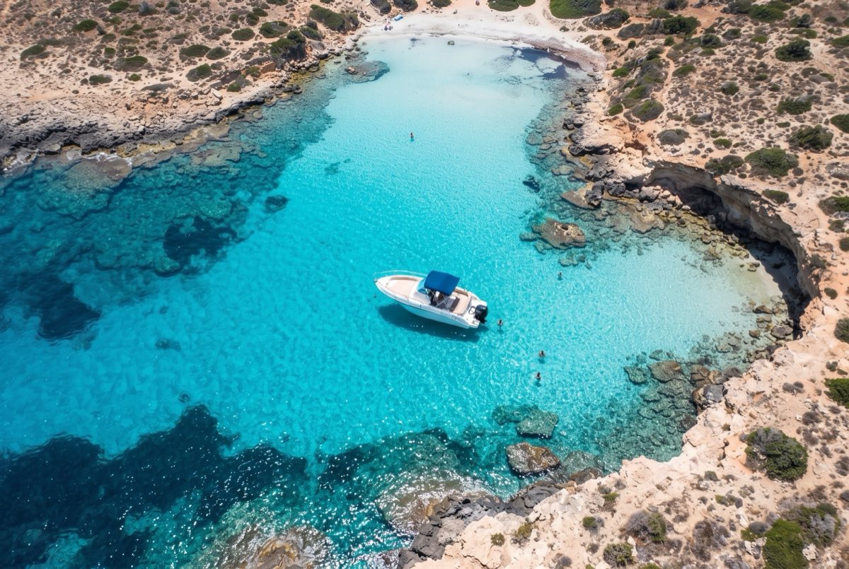 The Blue Lagoon from above, turquoise water with a white speedboat anchored in the middle