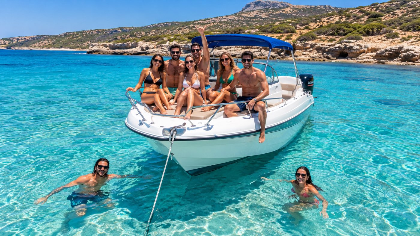 Self-drive boat in the turquoise water of the Blue Lagoon, Akamas
