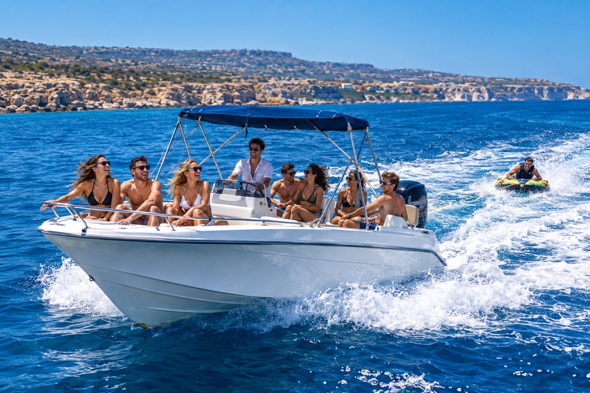 Nine friends on a big open-deck speedboat towing a tube through deep blue water off the Akamas