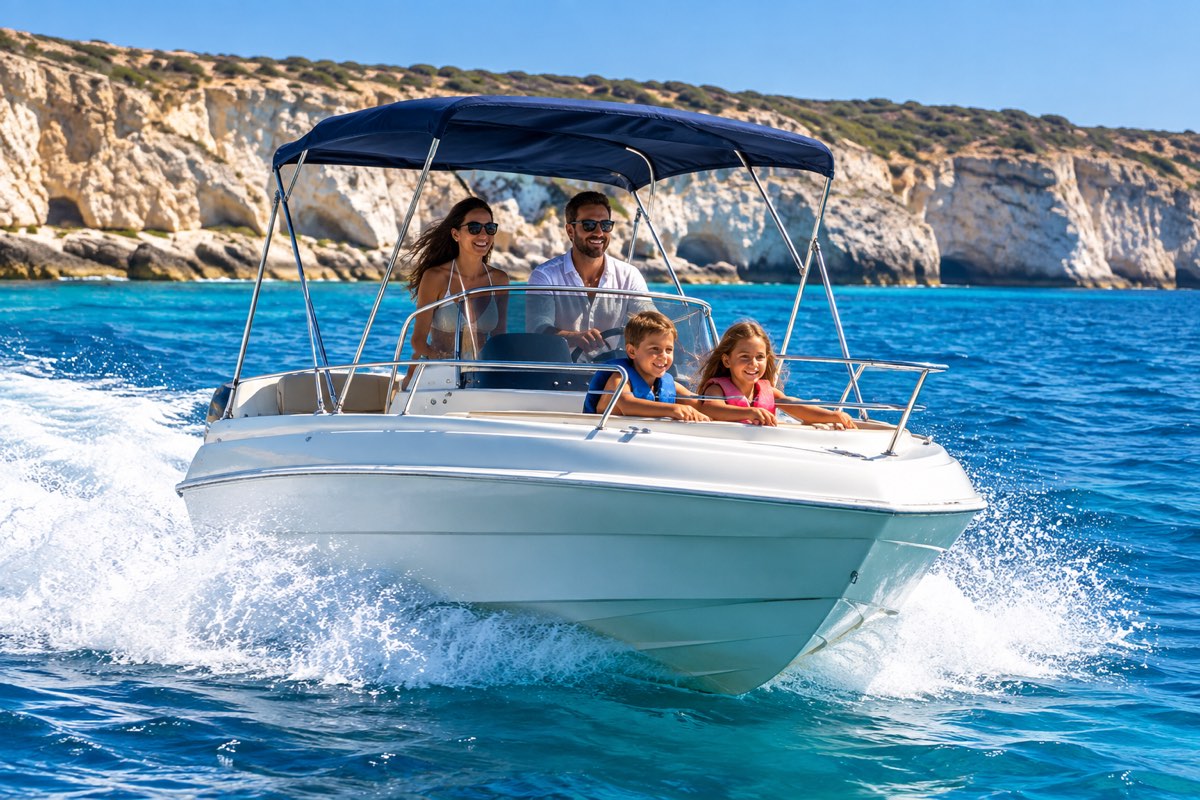 Family of four at the helm of a white 6-seater speedboat along the white cliffs of the Akamas coast