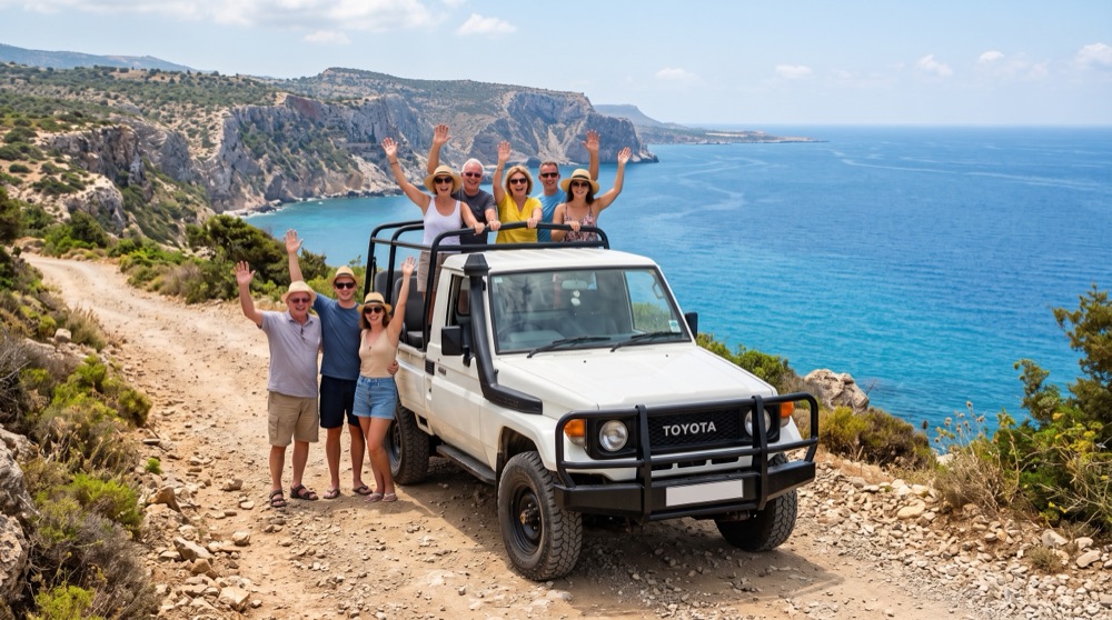 White Land Cruiser safari jeep with a group waving on the Akamas coastal track