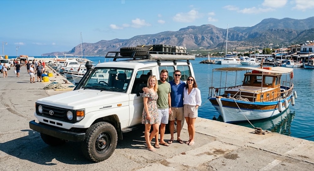 White Land Cruiser jeep and a wooden tour boat at Latchi harbour