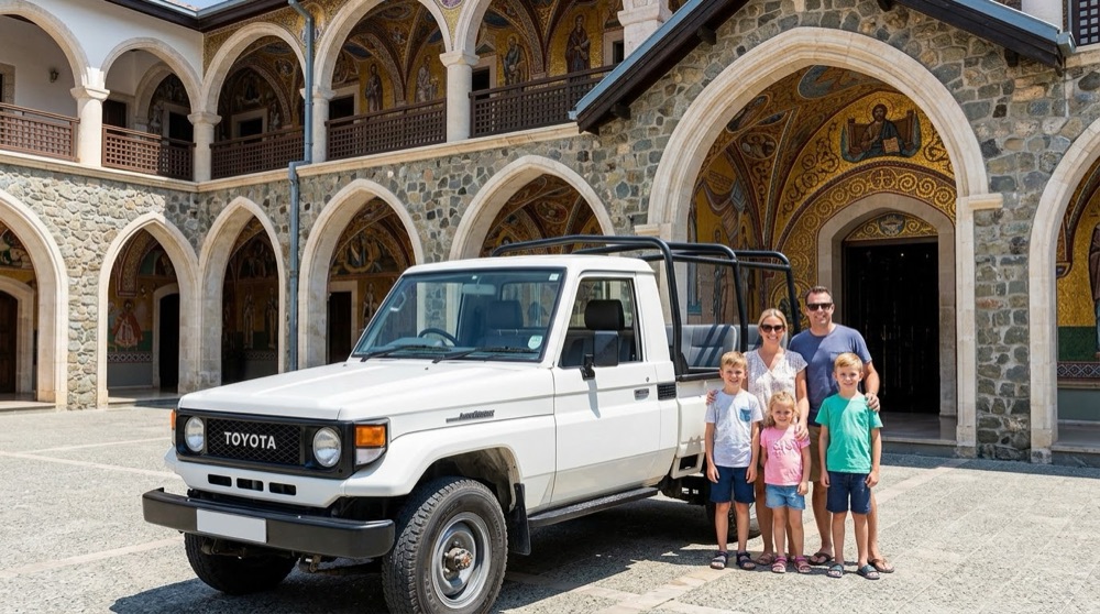 White safari jeep at Kykkos Monastery in the Troodos mountains