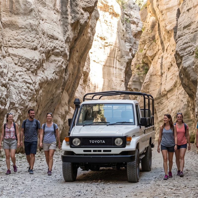 Safari jeep dwarfed by the walls of Avakas Gorge