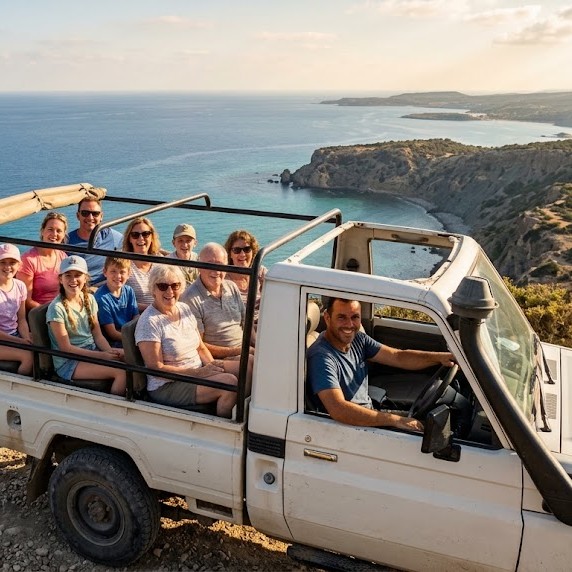 Private Land Cruiser safari jeep with a full group of ten and their driver