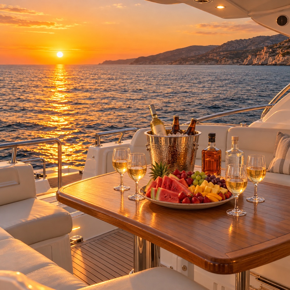 Fruit platter, wine and beer on ice, whisky and gin on the aft deck table at sunset