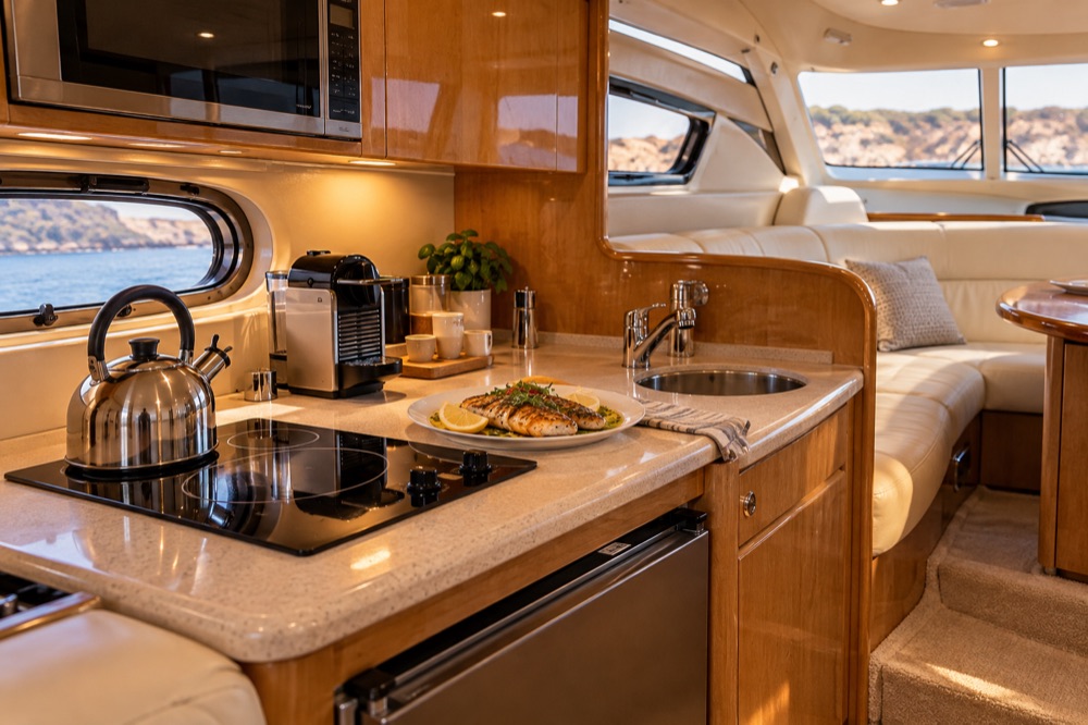 Galley with stove, grill and coffee machine on the yacht Sunny Day
