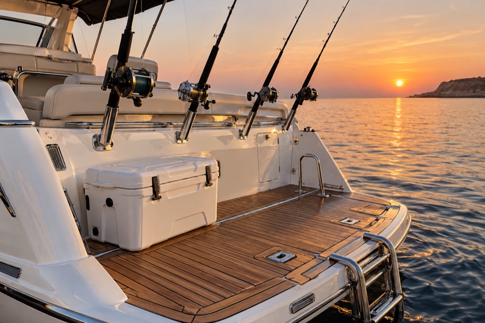 Stern fishing platform of the Sealine 35 yacht Sunny Day with rod holders