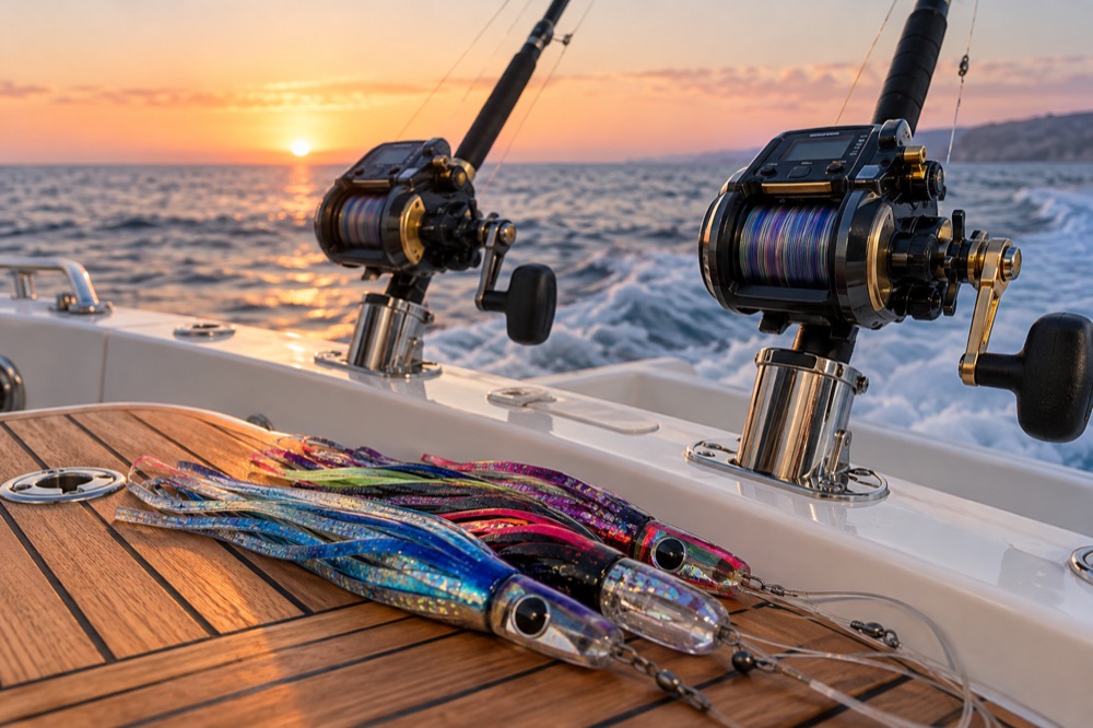 Electric fishing reels and hand-made lures on the yacht Sunny Day