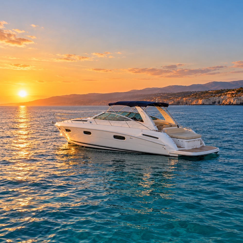 The whole Sealine 35 yacht Sunny Day at anchor off the Cyprus coast at sunset