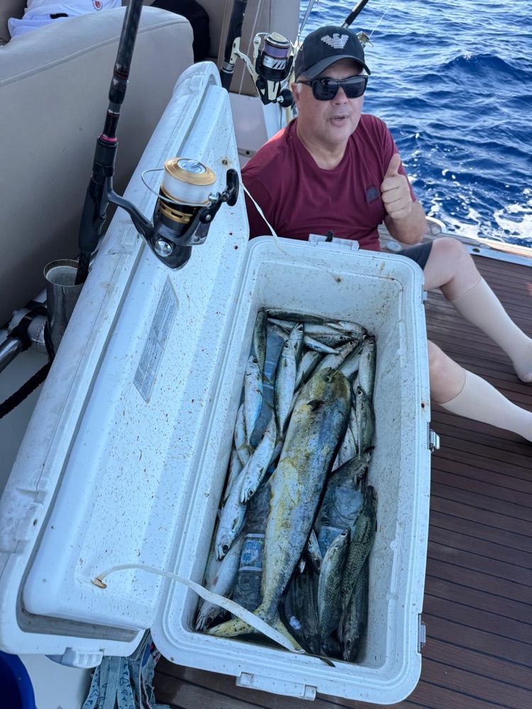 Cooler full of fresh fish on the deck of the yacht Sunny Day