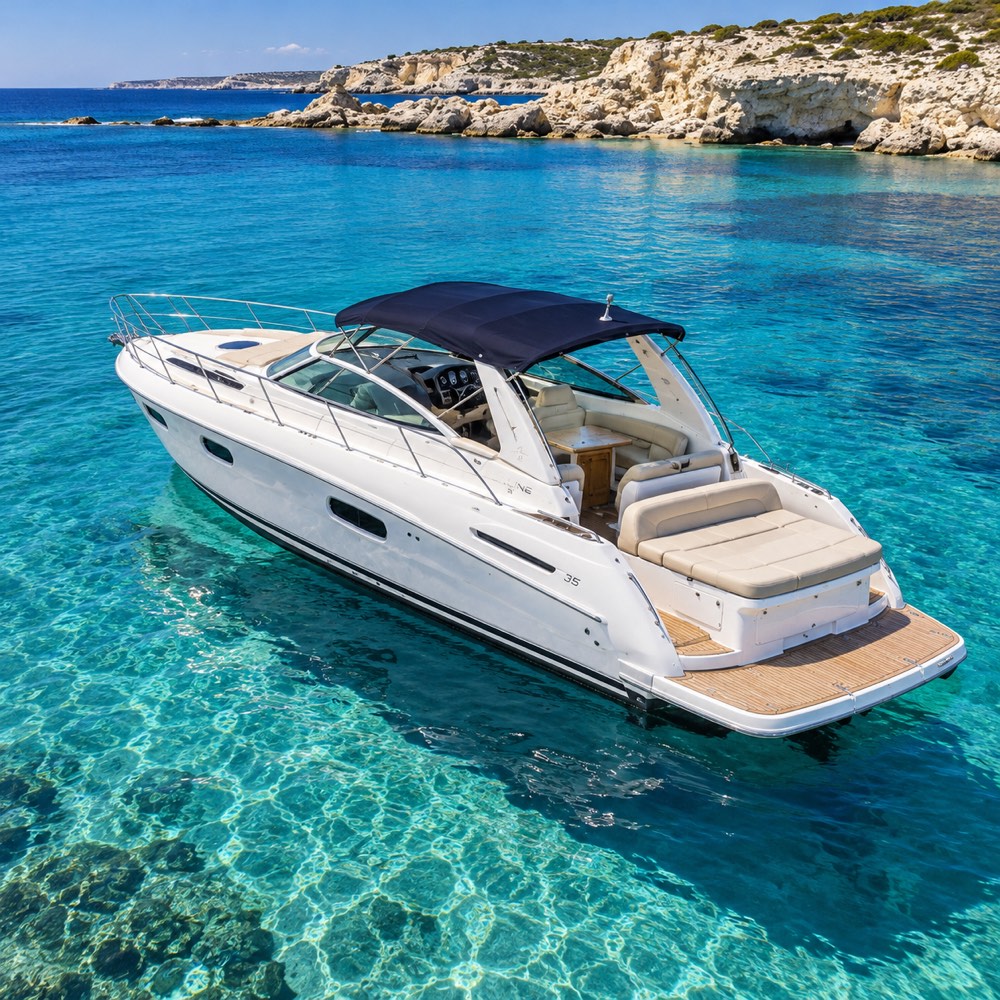 Яхта Sunny Day, Sealine 35, целиком, на якоре в бирюзовой бухте Кипра, вид сверху