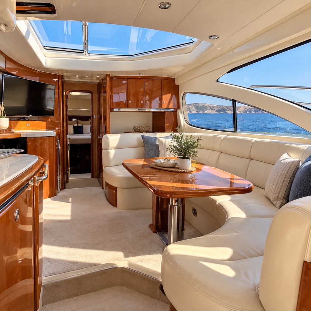 Салон Sealine 35: кремовый кожаный диван, обеденный стол и вид на море