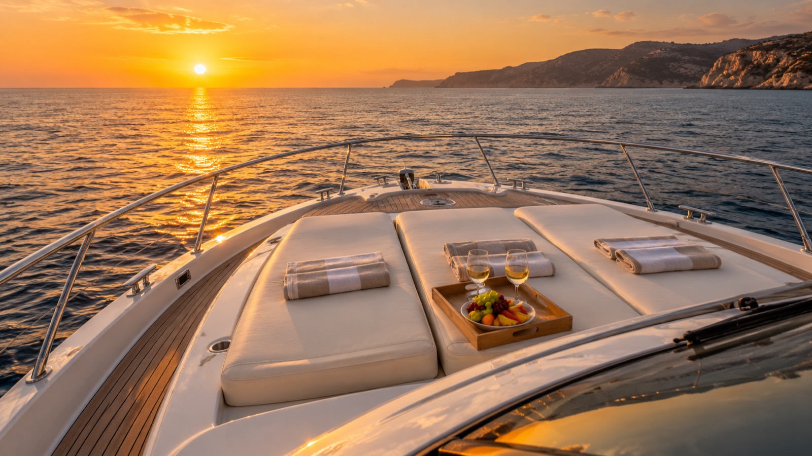 Bow sunbeds of the yacht at sunset with glasses of wine