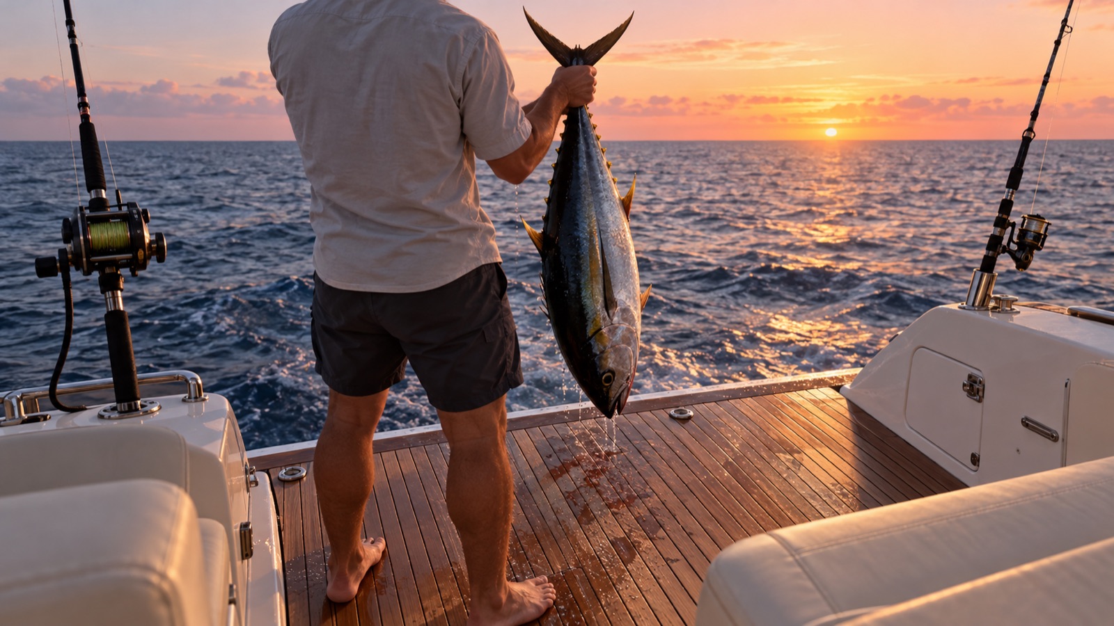 Angler holding up a large albacore tuna on the stern platform at dawn