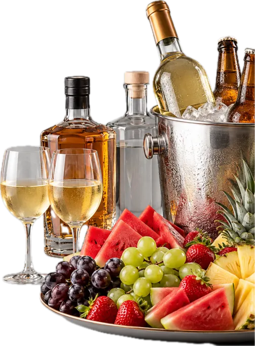 White wine and beer on ice, whisky, gin, two glasses of white wine and a fresh fruit platter