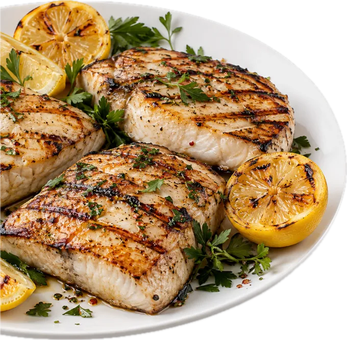Grilled fish steaks with lemon and herbs on a white plate