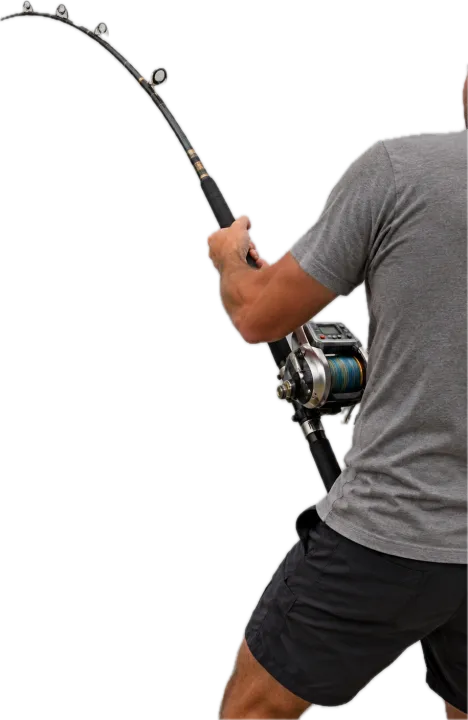 Angler fighting a fish with a bent rod and an electric reel
