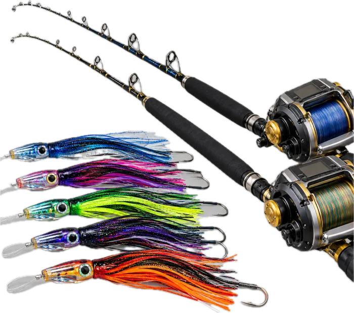 Two trolling rods with electric reels and colourful hand-made lures