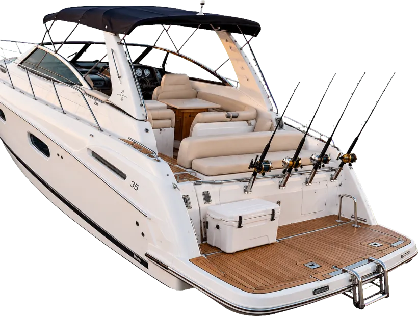 The Sealine 35 yacht Sunny Day from behind: teak stern fishing platform with four rods in holders